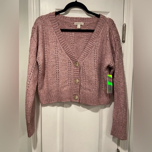 NWT Derek Heart Size M Oversized Cropped V Neck Pointelle Cardigan Lilac Purple - Picture 1 of 12
